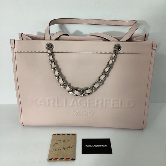 NWT KARL LAGERFELD LARGE BAG TOTE SATCHEL POWDER PINK  LEATHER SILVER CHAIN - Picture 10 of 12